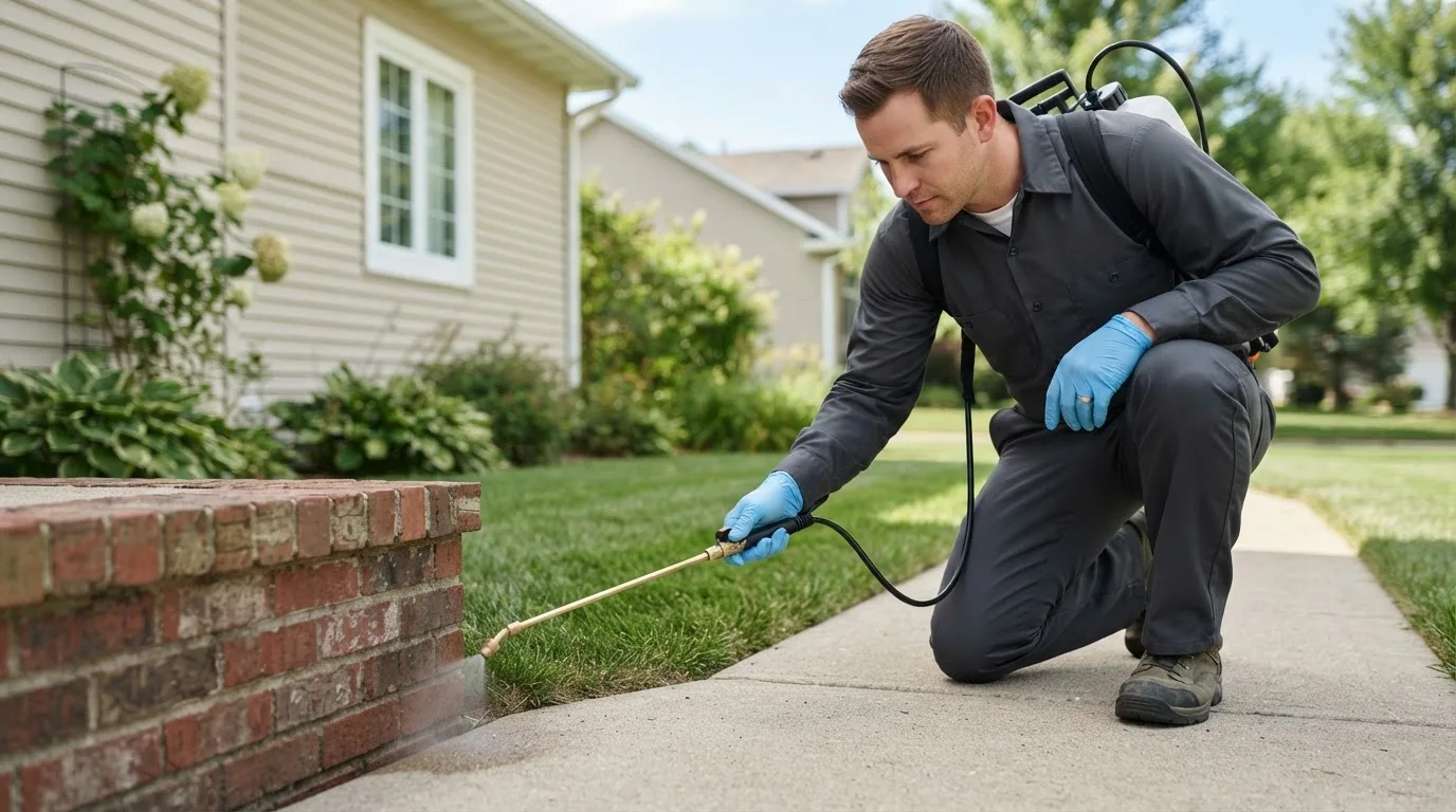 Pest control technician treating a home near North Salem, IN